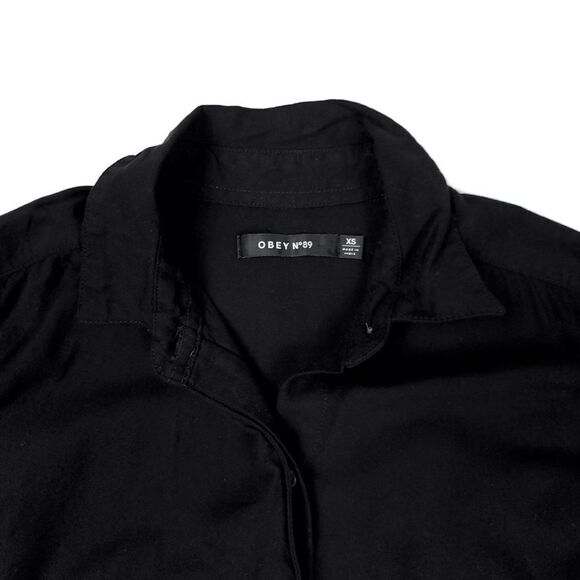 OBEY Asymmetrical Button Front Long Sleeve Mini Shirt Dress in Black Womens XS - Picture 2 of 8